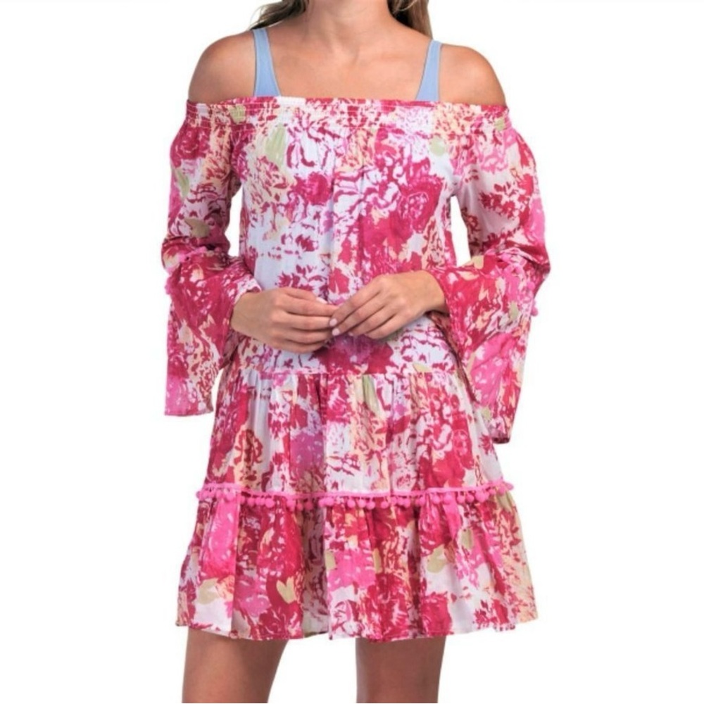 Debbie Katz Talulah Off The Shoulder Cover Up/Dress Pink and White Large